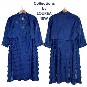 Collections by Lourea 18W blue shimmer tiered ruffle cocktail dress +‎ jacket